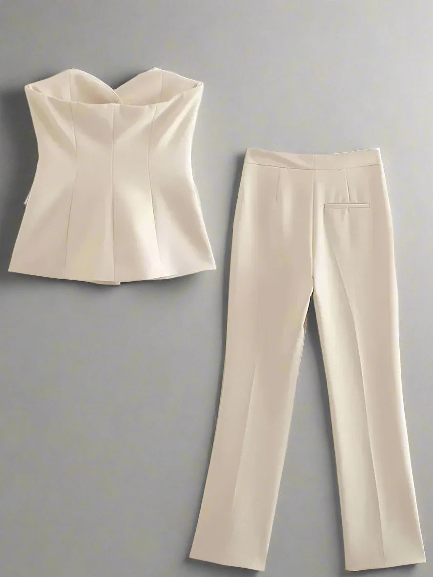 2-Piece Set: Buttoned Bandeau Top And Side Slit Trousers