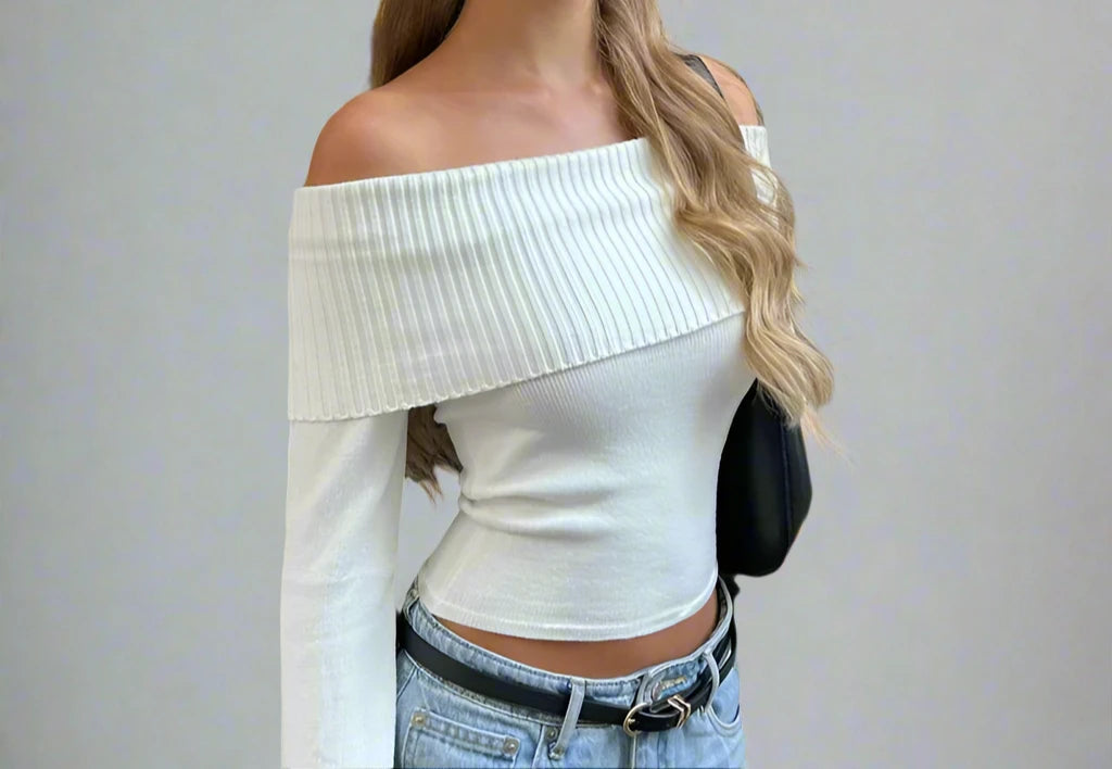 Off-Shoulder Long Sleeve Crop Top