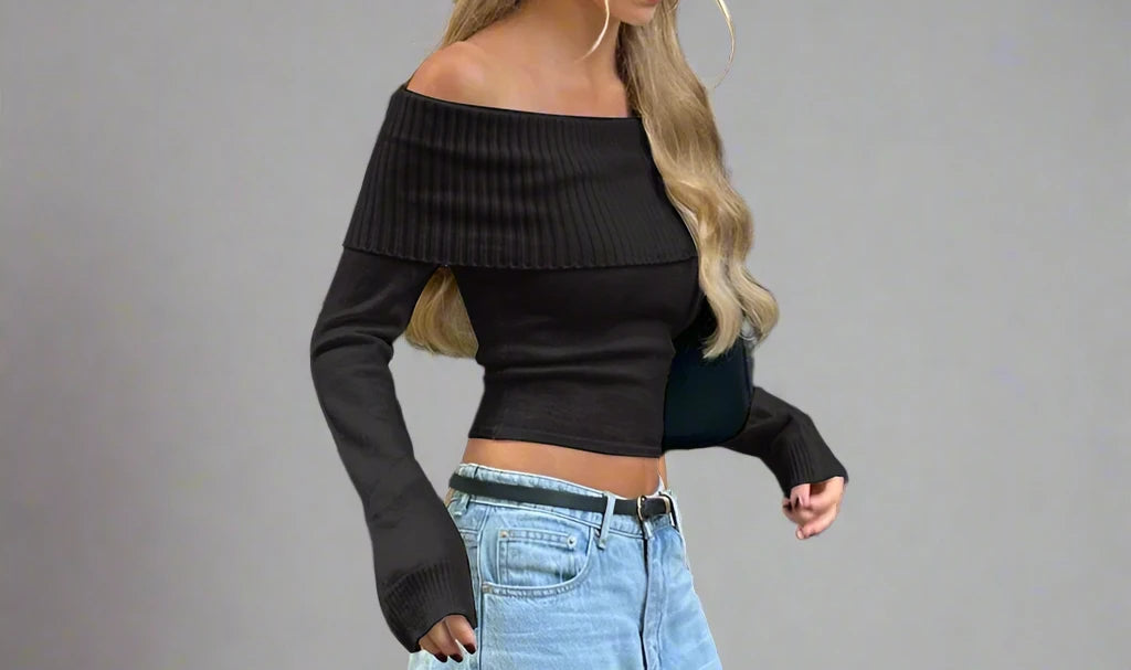 Off-Shoulder Long Sleeve Crop Top